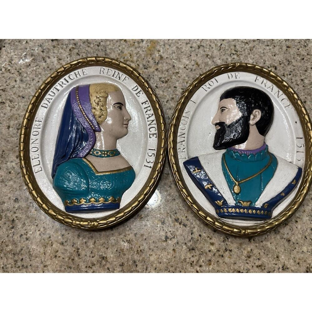 Vintage 1940s French Royal Wall Plaques François I&Éléonore d’Autriche–Chalkware